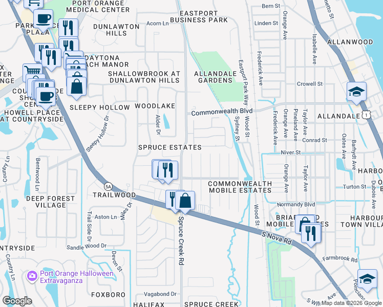 map of restaurants, bars, coffee shops, grocery stores, and more near 5645 Marshfield Dr in Port Orange