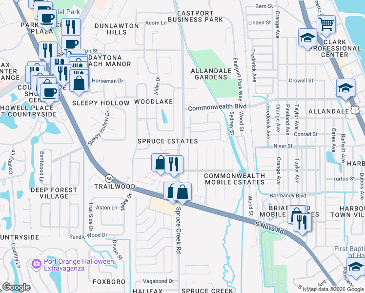 map of restaurants, bars, coffee shops, grocery stores, and more near 5411 Marshfield Drive in Port Orange