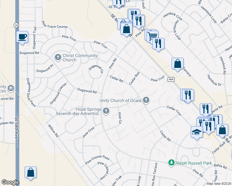 map of restaurants, bars, coffee shops, grocery stores, and more near 8 Pine Pass Drive in Ocala