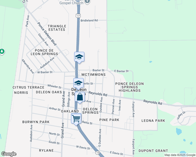 map of restaurants, bars, coffee shops, grocery stores, and more near 275 East Berlin Street in De Leon Springs