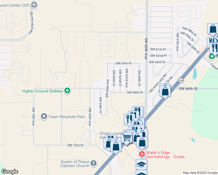 map of restaurants, bars, coffee shops, grocery stores, and more near 6595 Southwest 64th Avenue in Ocala
