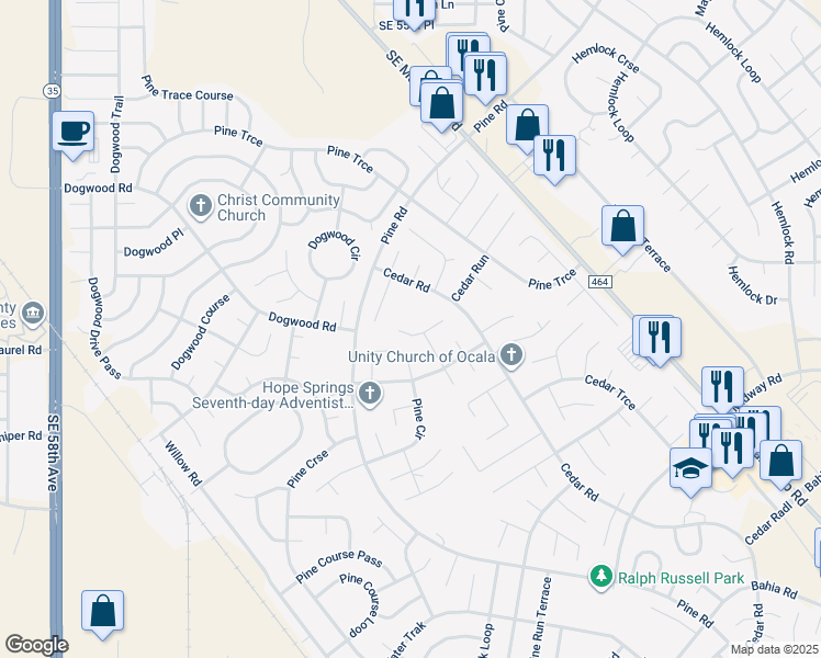 map of restaurants, bars, coffee shops, grocery stores, and more near 5 Pine Pass Drive in Ocala