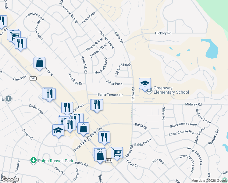 map of restaurants, bars, coffee shops, grocery stores, and more near 137 Bahia Terrace Drive in Ocala