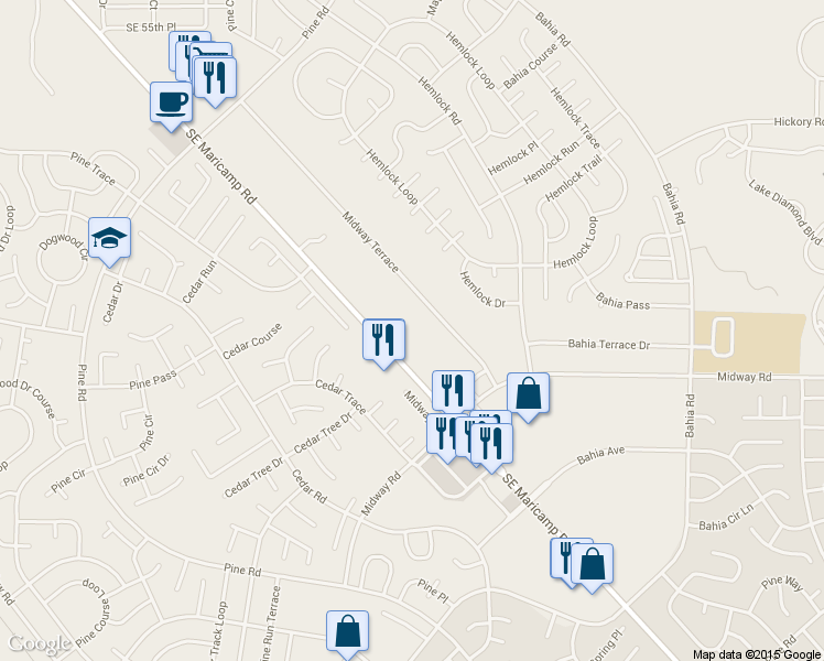 map of restaurants, bars, coffee shops, grocery stores, and more near 7408 Midway Terrace in Ocala