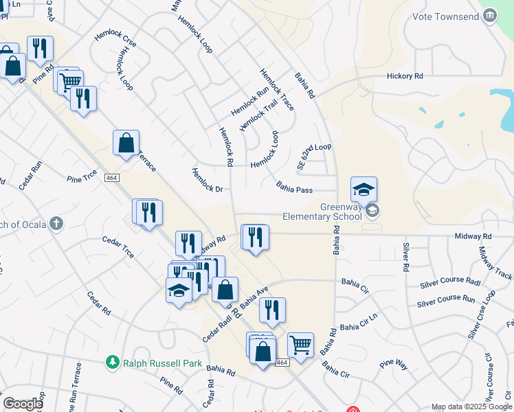 map of restaurants, bars, coffee shops, grocery stores, and more near 125 Bahia Terrace Drive in Ocala