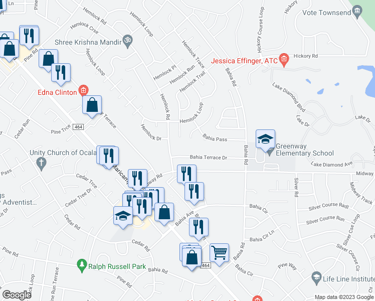 map of restaurants, bars, coffee shops, grocery stores, and more near 125 Bahia Terrace Drive in Ocala