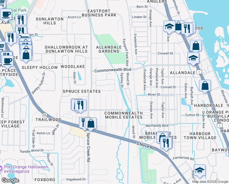 map of restaurants, bars, coffee shops, grocery stores, and more near 5418 James Drive in Port Orange