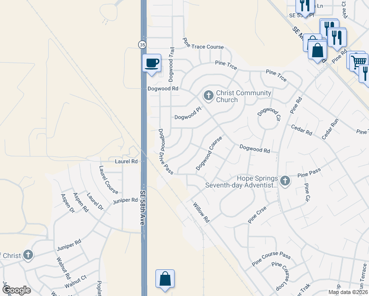 map of restaurants, bars, coffee shops, grocery stores, and more near 115 Dogwood Drive Loop in Ocala