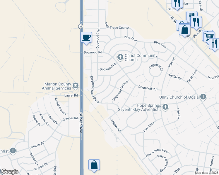 map of restaurants, bars, coffee shops, grocery stores, and more near 115 Dogwood Drive Loop in Ocala