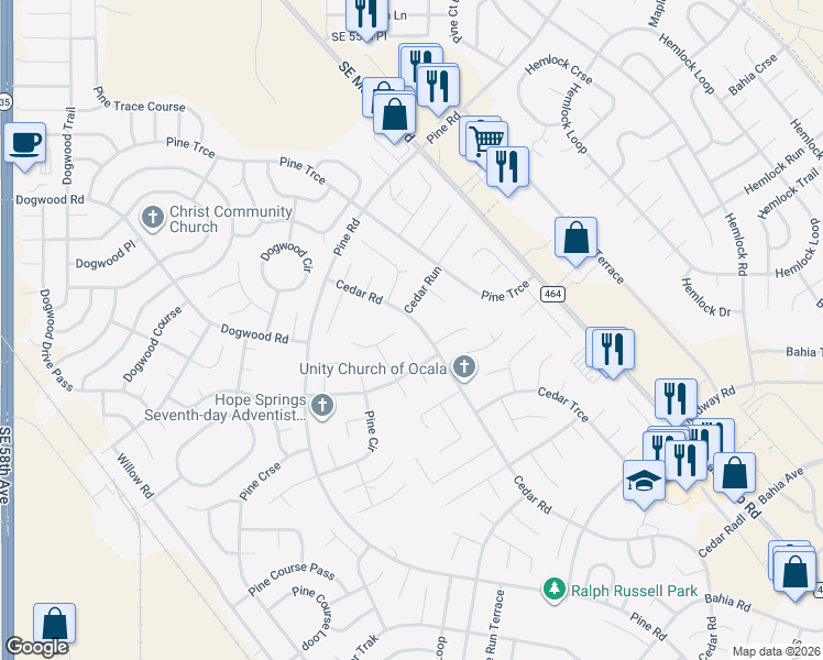 map of restaurants, bars, coffee shops, grocery stores, and more near 2 Pine Pass Court in Ocala