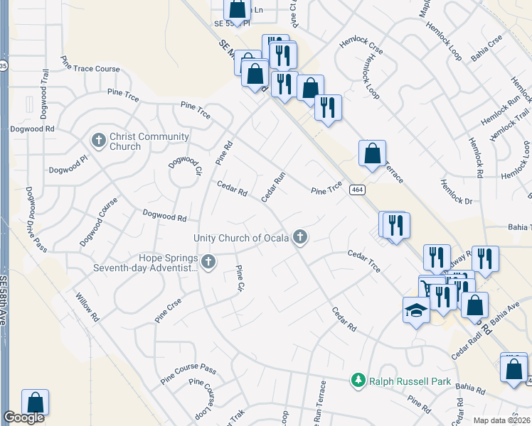 map of restaurants, bars, coffee shops, grocery stores, and more near 2 Pine Pass Court in Ocala