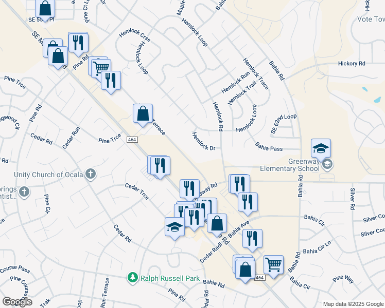 map of restaurants, bars, coffee shops, grocery stores, and more near 7443 Midway Terrace in Ocala