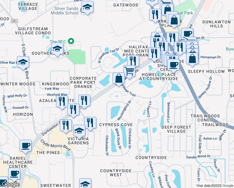 map of restaurants, bars, coffee shops, grocery stores, and more near 960 Village Trail in Port Orange