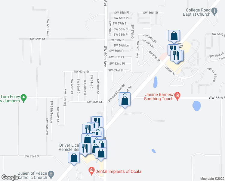 map of restaurants, bars, coffee shops, grocery stores, and more near 5920 Southwest 58th Avenue in Ocala