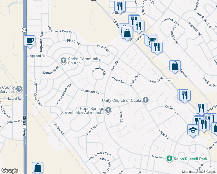 map of restaurants, bars, coffee shops, grocery stores, and more near 12 Cedar Drive in Ocala