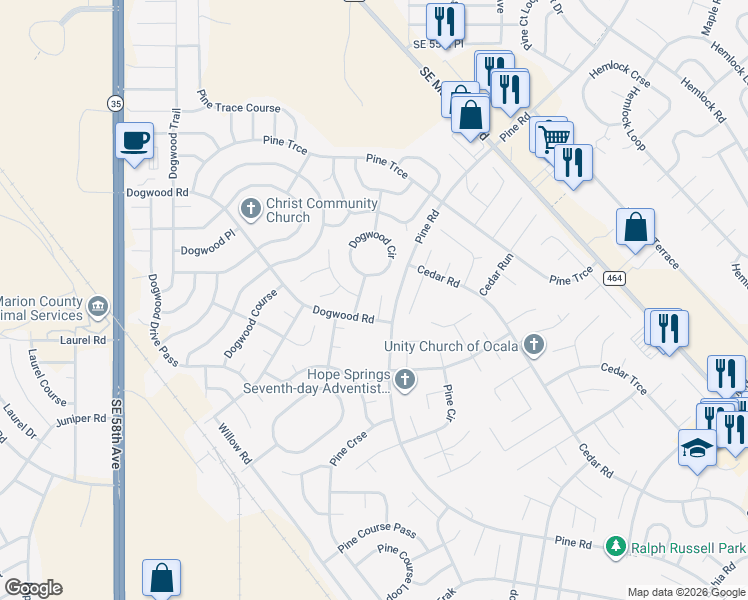 map of restaurants, bars, coffee shops, grocery stores, and more near 7 Dogwood Court in Ocala