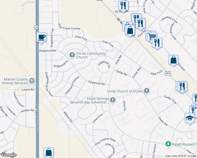 map of restaurants, bars, coffee shops, grocery stores, and more near 4-98 Dogwood Circle Pass in Ocala