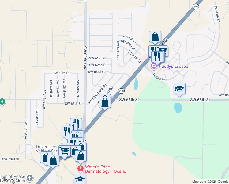 map of restaurants, bars, coffee shops, grocery stores, and more near 5751 Southwest 64th Street Road in Ocala