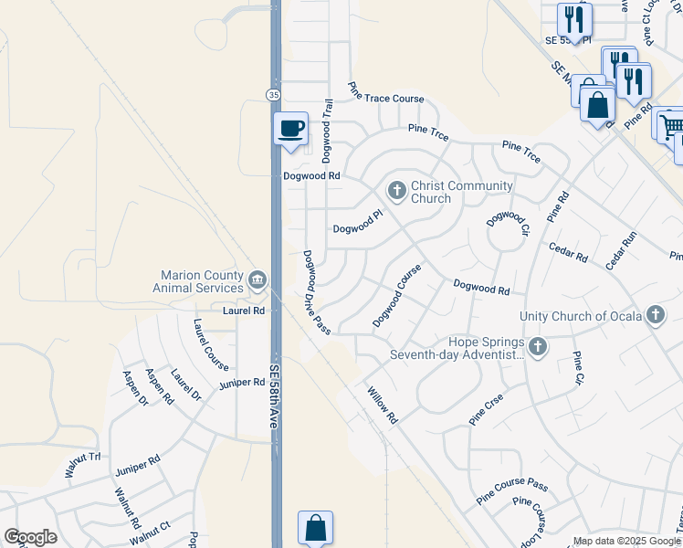 map of restaurants, bars, coffee shops, grocery stores, and more near 15 Dogwood Drive Radial in Ocala