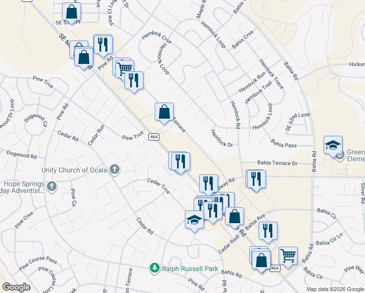 map of restaurants, bars, coffee shops, grocery stores, and more near 7383 Midway Terrace in Ocala