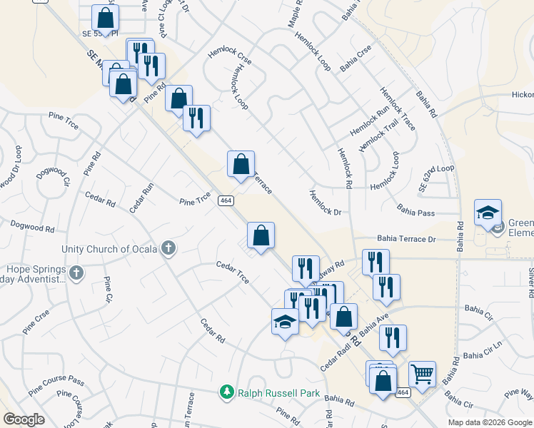 map of restaurants, bars, coffee shops, grocery stores, and more near 7297 Southeast Maricamp Road in Ocala