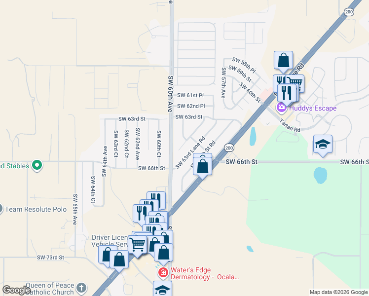 map of restaurants, bars, coffee shops, grocery stores, and more near 5831 Southwest 63rd Lane Road in Ocala