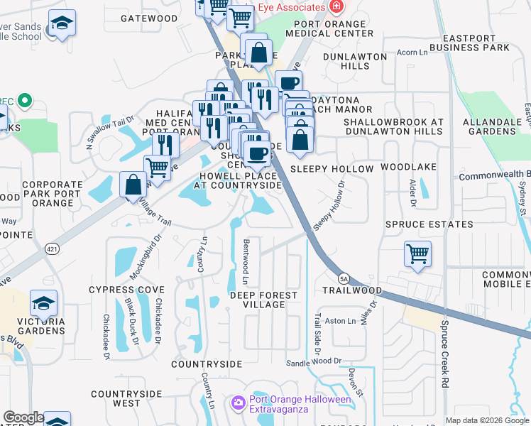 map of restaurants, bars, coffee shops, grocery stores, and more near 940 Village Trail in Ponce Inlet
