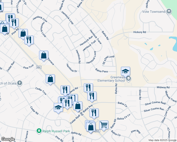 map of restaurants, bars, coffee shops, grocery stores, and more near 22 Bahia Pass Run in Ocala