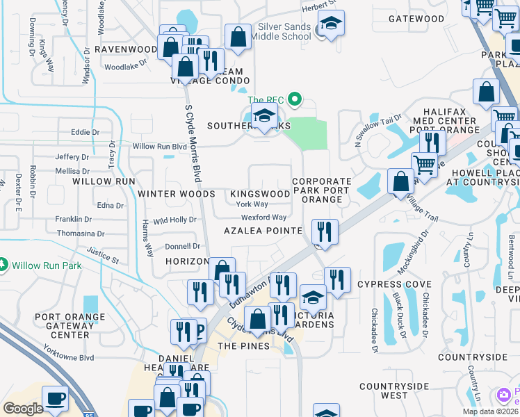 map of restaurants, bars, coffee shops, grocery stores, and more near 1074 York Way in Port Orange