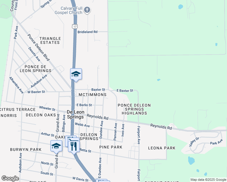 map of restaurants, bars, coffee shops, grocery stores, and more near 5165 Penvan Avenue in De Leon Springs
