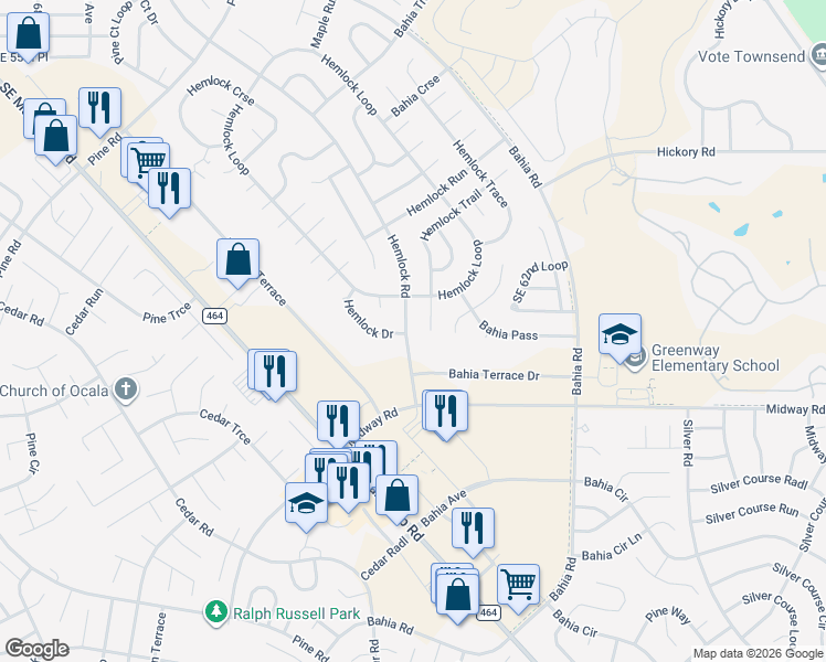 map of restaurants, bars, coffee shops, grocery stores, and more near 7485 Hemlock Road in Ocala