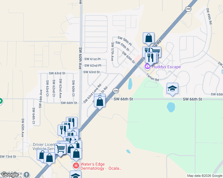 map of restaurants, bars, coffee shops, grocery stores, and more near 5671 Southwest 64th Lane Road in Ocala