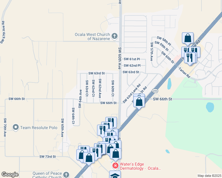 map of restaurants, bars, coffee shops, grocery stores, and more near 6482 Southwest 60th Court in Ocala