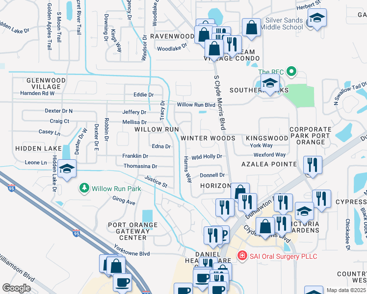 map of restaurants, bars, coffee shops, grocery stores, and more near 1131 Harms Way in Port Orange