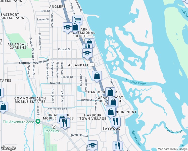 map of restaurants, bars, coffee shops, grocery stores, and more near 5336 South Ridgewood Avenue in Port Orange