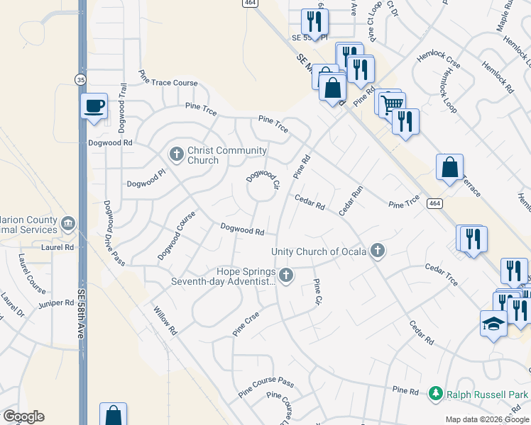 map of restaurants, bars, coffee shops, grocery stores, and more near 7 Dogwood Court in Ocala