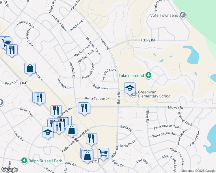 map of restaurants, bars, coffee shops, grocery stores, and more near 39 Bahia Pass in Ocala