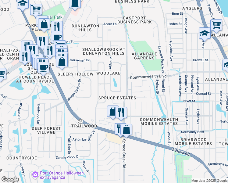 map of restaurants, bars, coffee shops, grocery stores, and more near 807 Woodport Drive in Port Orange