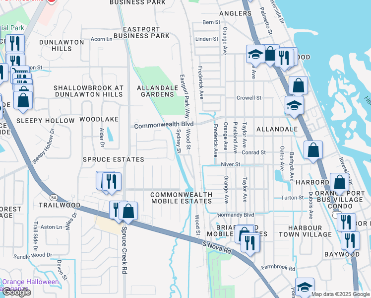 map of restaurants, bars, coffee shops, grocery stores, and more near 5246 Wood Street in Port Orange