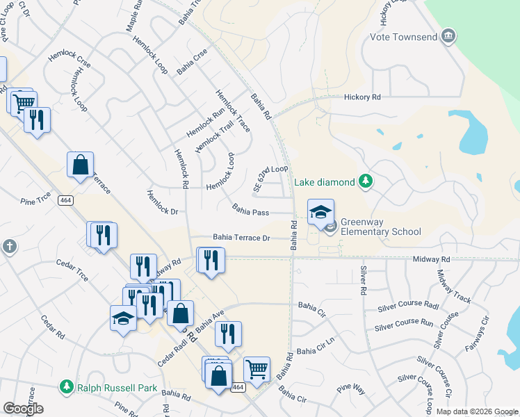 map of restaurants, bars, coffee shops, grocery stores, and more near 39 Bahia Pass in Ocala
