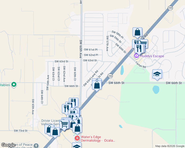map of restaurants, bars, coffee shops, grocery stores, and more near 5831 Southwest 63rd Lane Road in Ocala