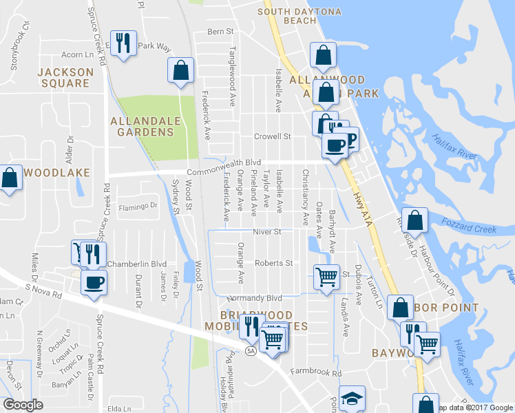 map of restaurants, bars, coffee shops, grocery stores, and more near 5249 Pineland Avenue in Port Orange