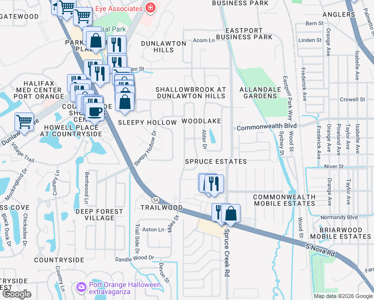 map of restaurants, bars, coffee shops, grocery stores, and more near 4585 Miles Drive in Port Orange