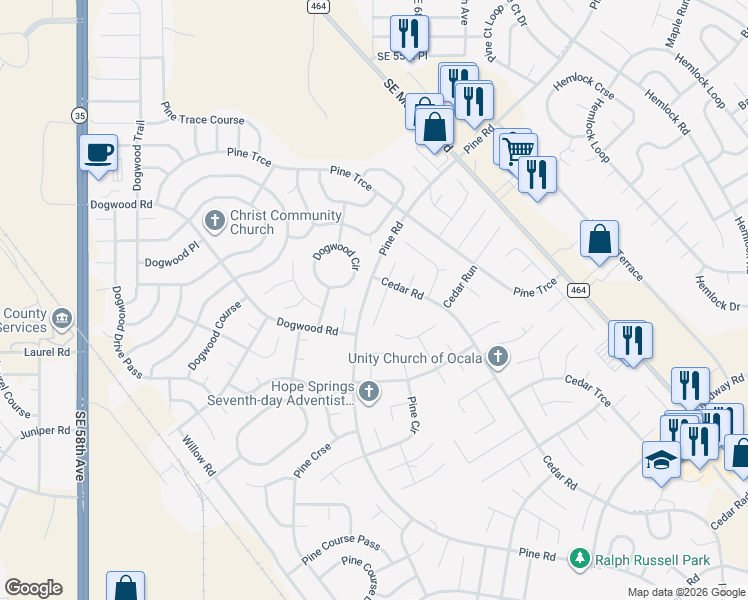 map of restaurants, bars, coffee shops, grocery stores, and more near 12 Cedar Drive in Ocala