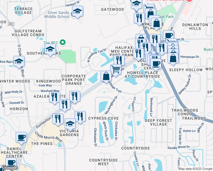 map of restaurants, bars, coffee shops, grocery stores, and more near 960 Village Trail in Port Orange