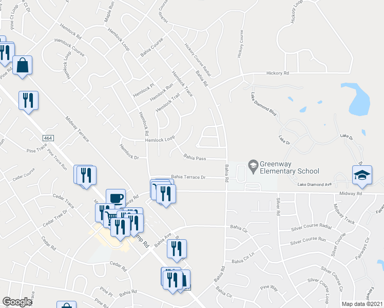 map of restaurants, bars, coffee shops, grocery stores, and more near 49 Bahia Pass in Ocala