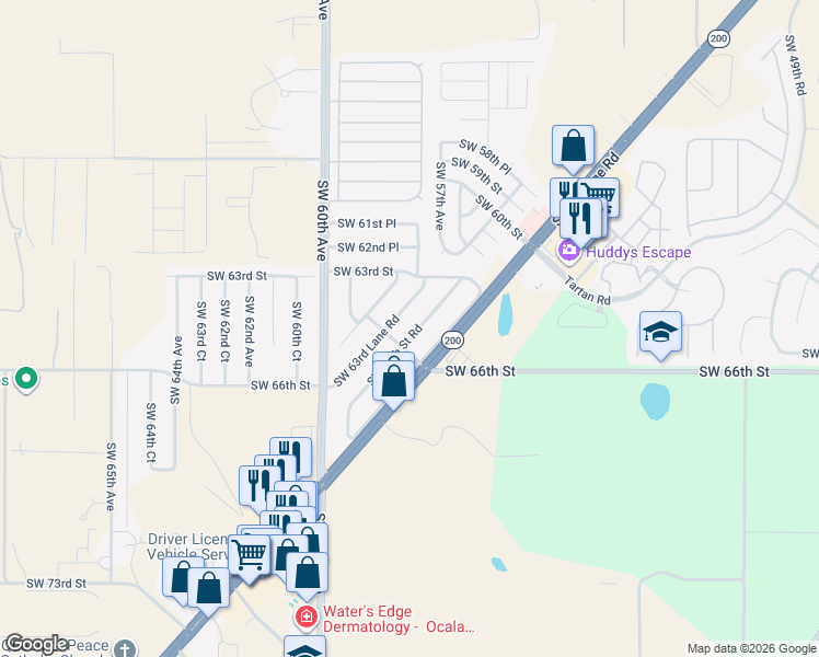 map of restaurants, bars, coffee shops, grocery stores, and more near 5751 Southwest 64th Street Road in Ocala