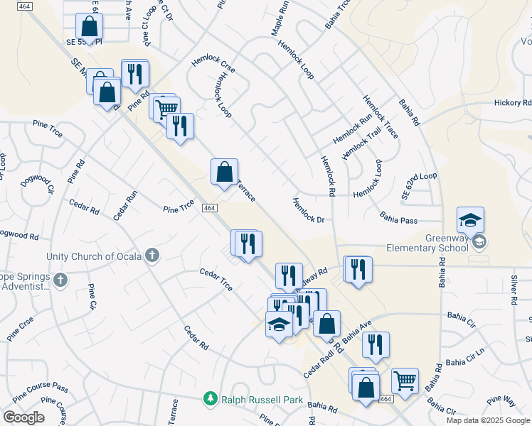 map of restaurants, bars, coffee shops, grocery stores, and more near 7383 Midway Terrace in Ocala