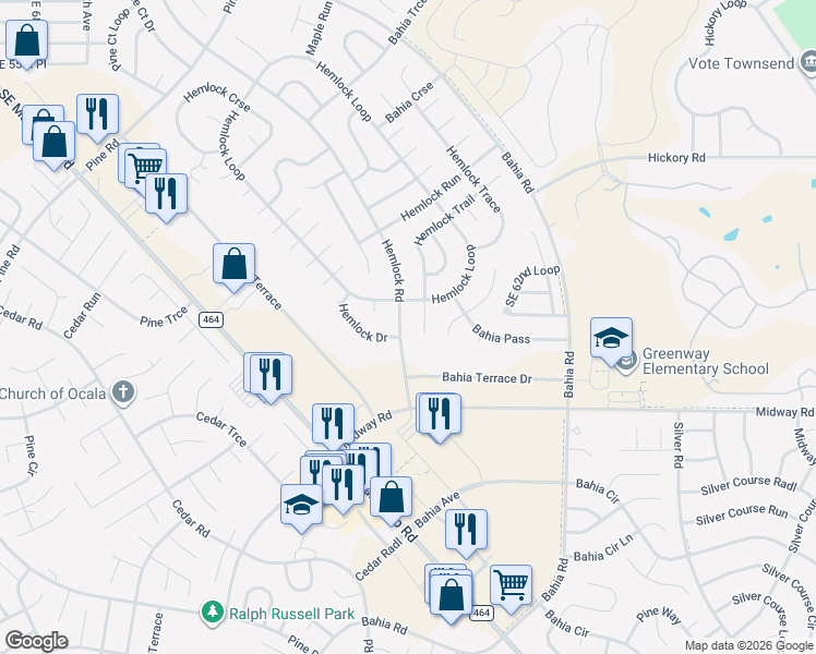 map of restaurants, bars, coffee shops, grocery stores, and more near 7485 Hemlock Road in Ocala