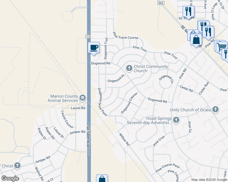 map of restaurants, bars, coffee shops, grocery stores, and more near 20 Dogwood Drive Radial in Ocala